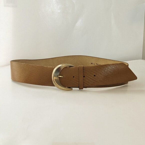 Vintage Textured Leather Belt Wide Tan Yellow‎ Brown Gold Tone Buckle Hardware
